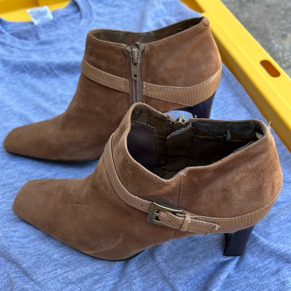 Bandolino Tan/Brown Suede Ankle Booties w/ Leather Buckle Strap & Square Toe - Picture 2 of 6